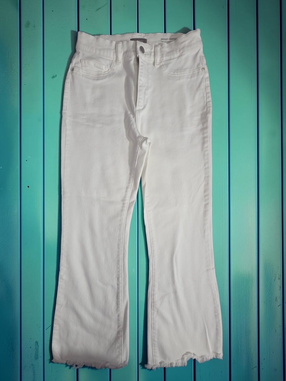 DL1961 Bridget Instasculpt High Rise Cropped Bootcut Jeans White Raw Hem